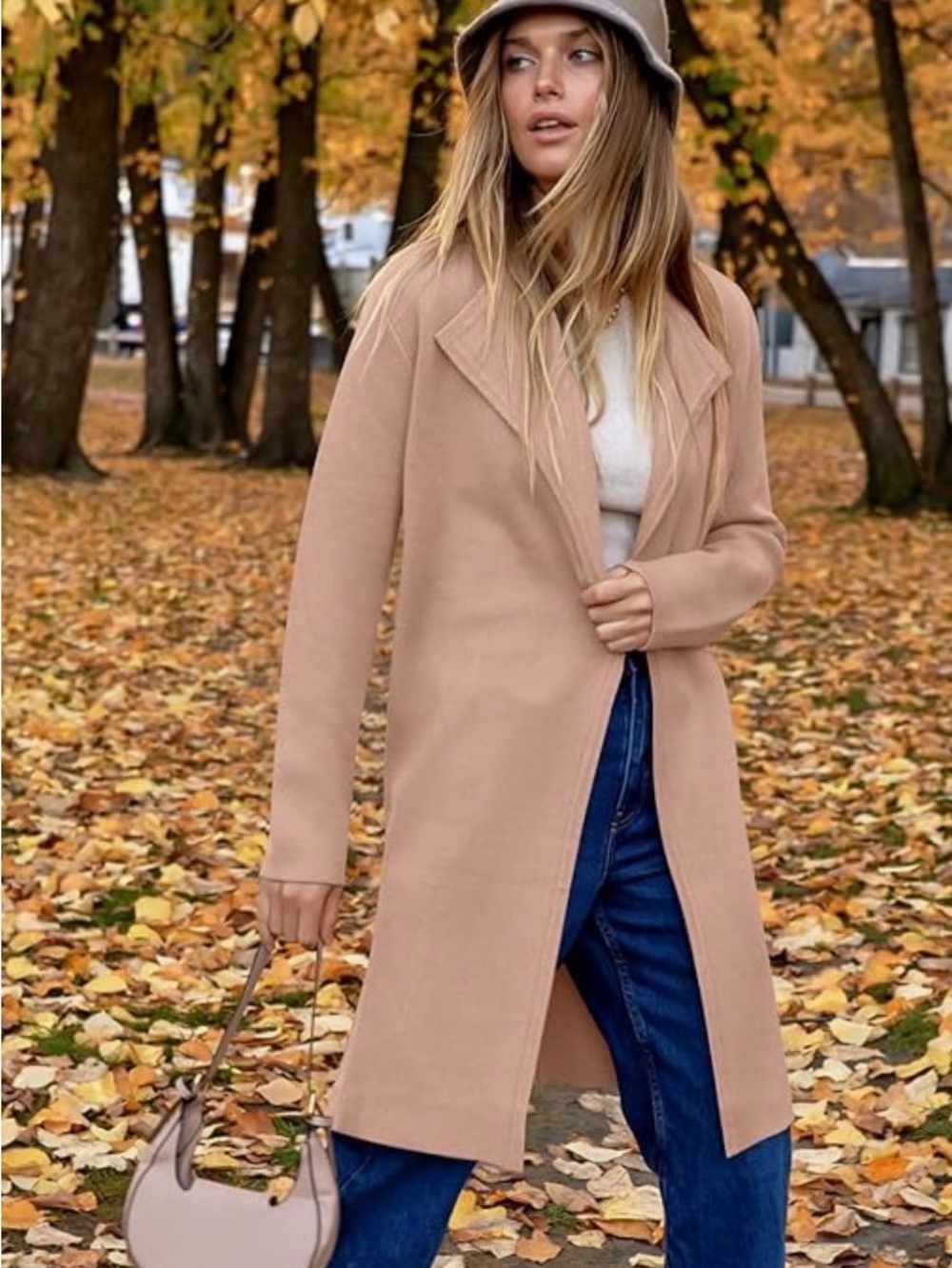 Chic Long Open-Front Beige Coat